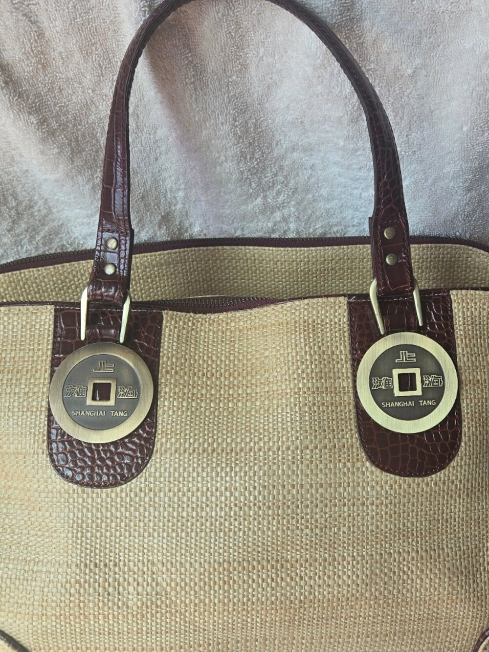 Vintage-Era Shanghai Tang Natural Satchel w/Embossed Leather Handles & Trim